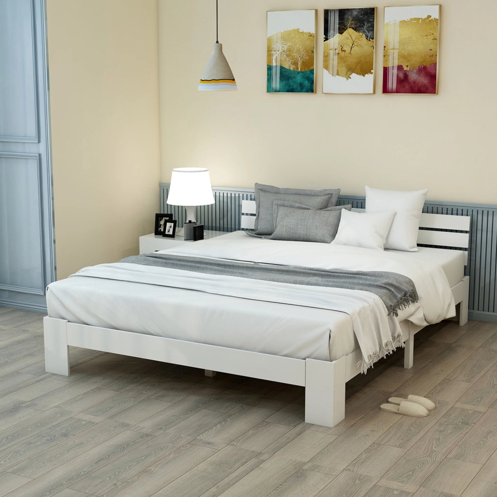 Letto Matrimoniale 140 x 200 cm - Testiera e Rete a Doghe - in Legno Massello - Bianco
