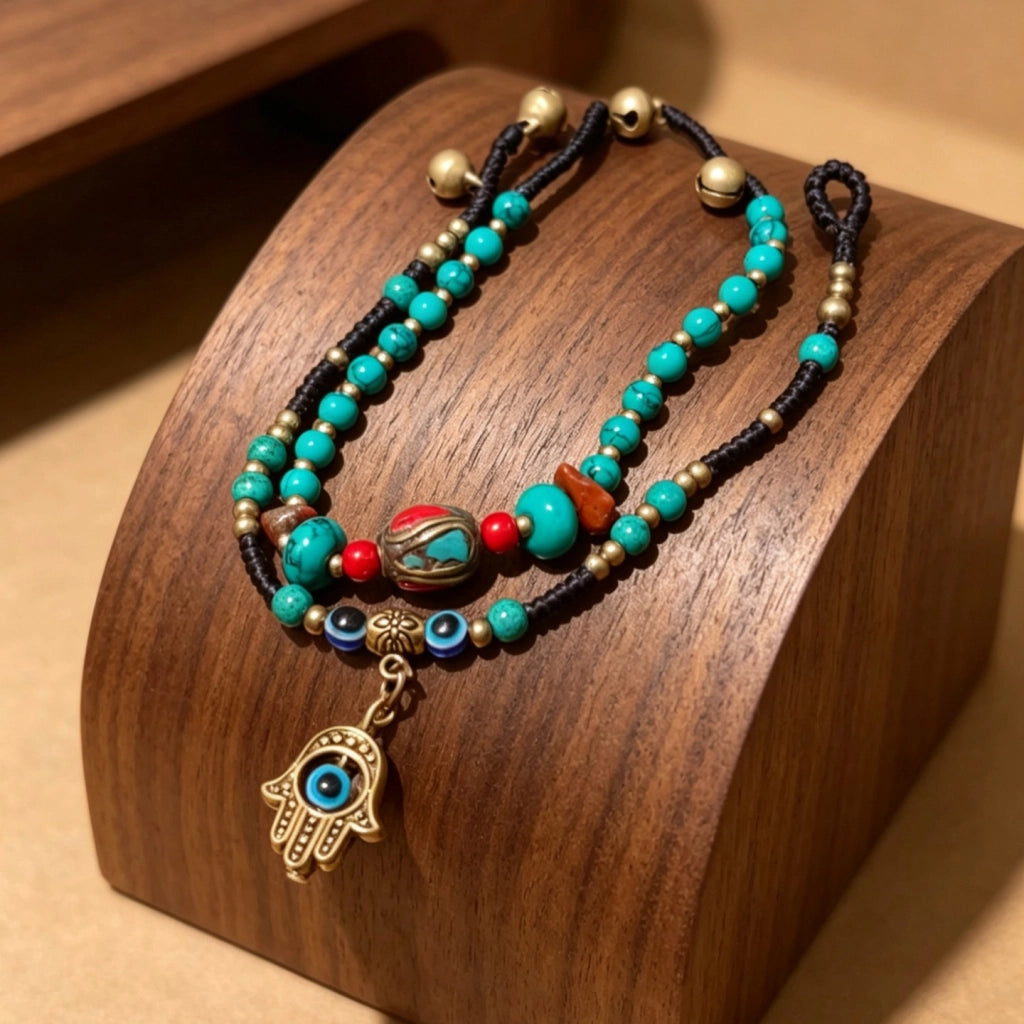 Bracciale vintage in turchese con perline di rame intrecciate a mano