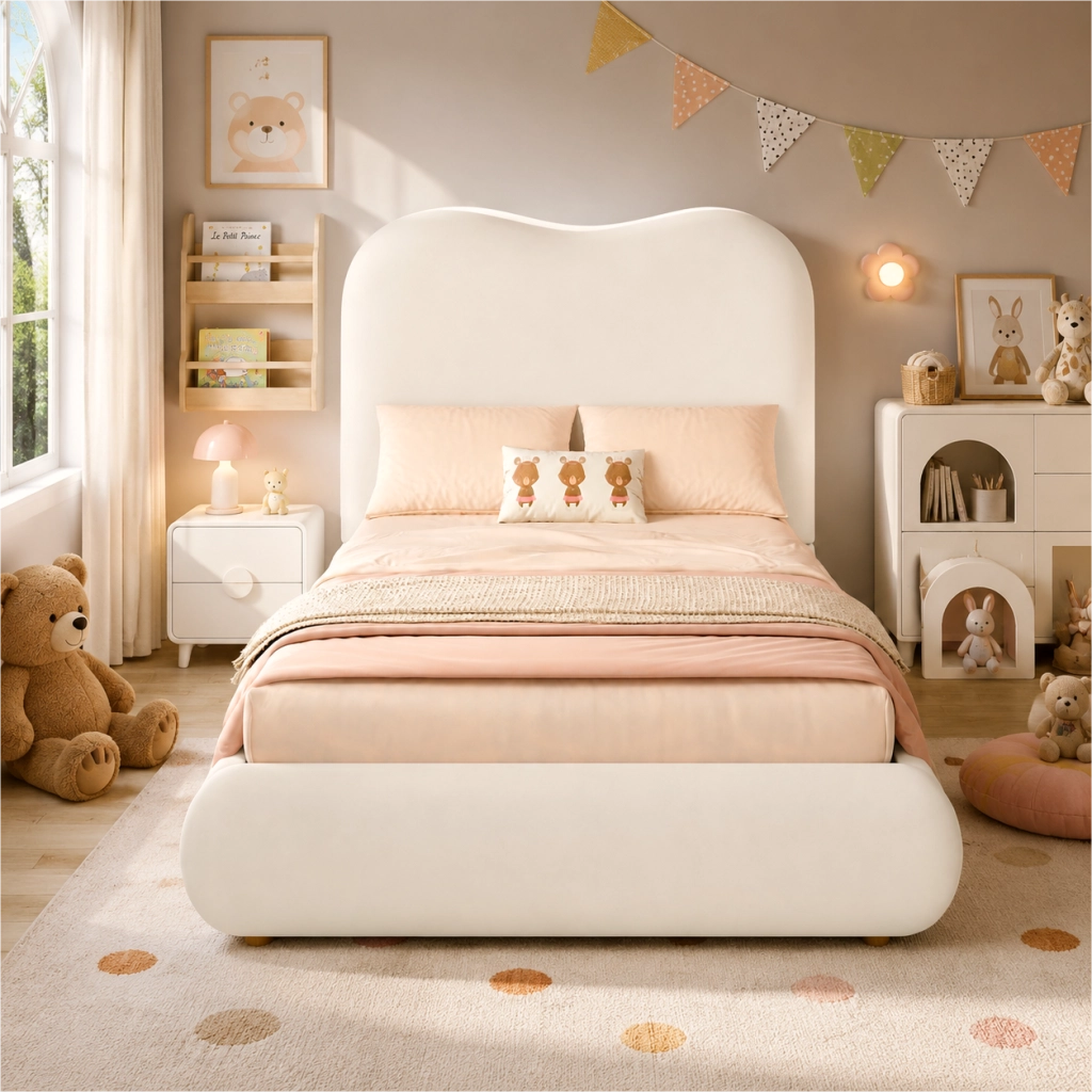Letto Contenitore per Bambini 90 x 200 cm; Sollevamento idraulico in Velluto; Beige