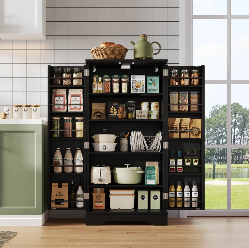 Credenza alta moderna 120x60x40 cm in MDF nero con luce LED sensore e ante scanalate