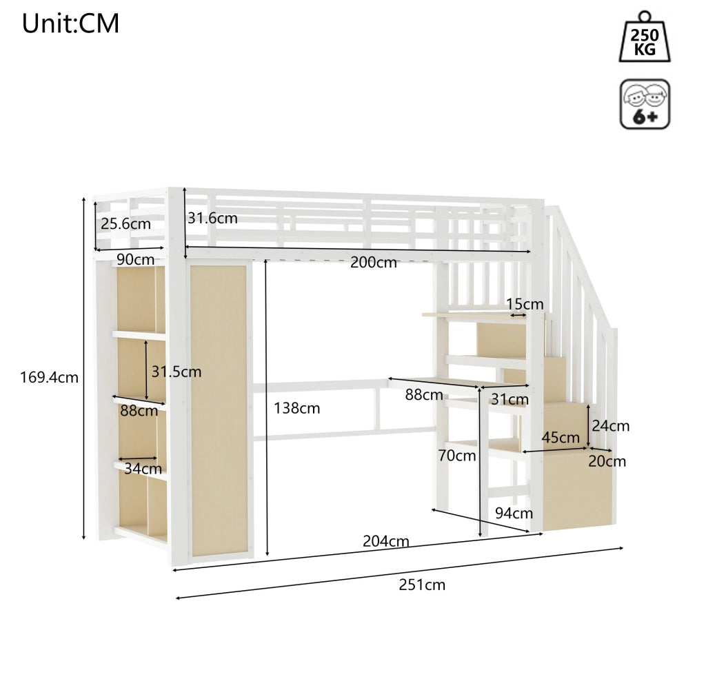 Letto a soppalco ULEVR 90x200 cm con scrivania, ripiani, gradini contenitore e barra LED regolabile, bianco