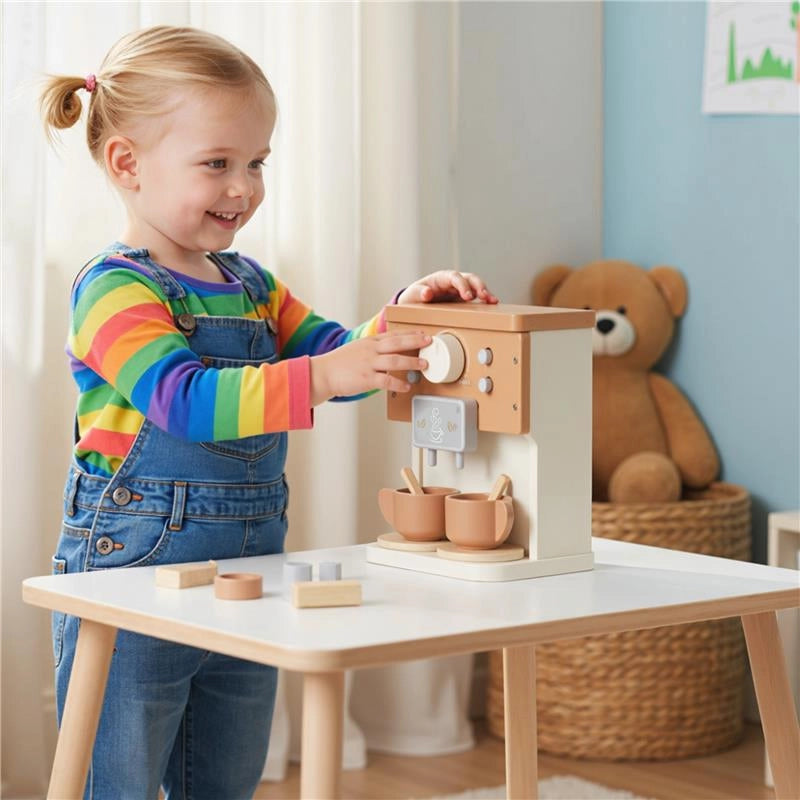 SET MACCHINA DEL CAFFÞ GIOCATTOLO IN LEGNO PER BAMBINI DA 3 ANNI CON ACCESSORI, MARRONE