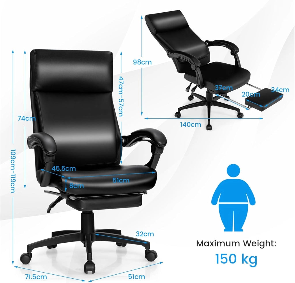 Sedia direzionale da ufficio, regolabile in altezza, girevole con poggiatesta e poggiapiedi retrattile, sedia da scrivania ergonomica con schienale regolabile, sedia da gioco, in ecopelle