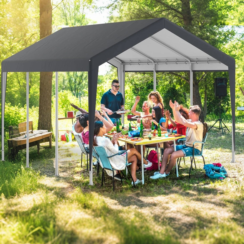 Tenda Garage Auto Esterno 300 X 595 X 280 CM, Tettoia per Auto con Telaio in Metallo e Copertura in PE Resistente alle Intemperie, Capanno da Giardino per Vehicolo, Biciclette, Moto, Attrezzi