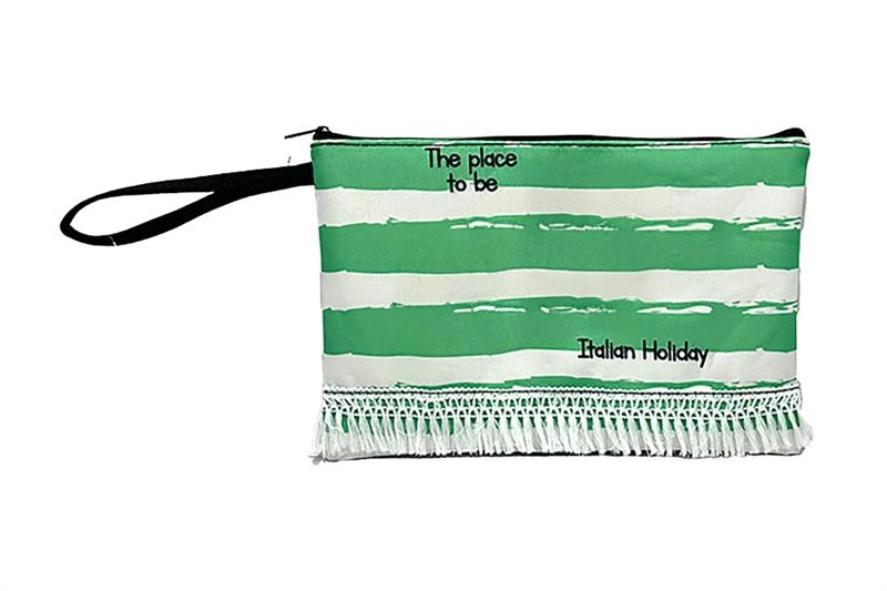 POUCHETTE BORSETTA MARE 28X18 CM COLORATA SCRITTA PLACE TO BE ITALIAN HOLIDAY CON FRANGE E RIGHE VERDI E BIANCHE- IN STOFFA