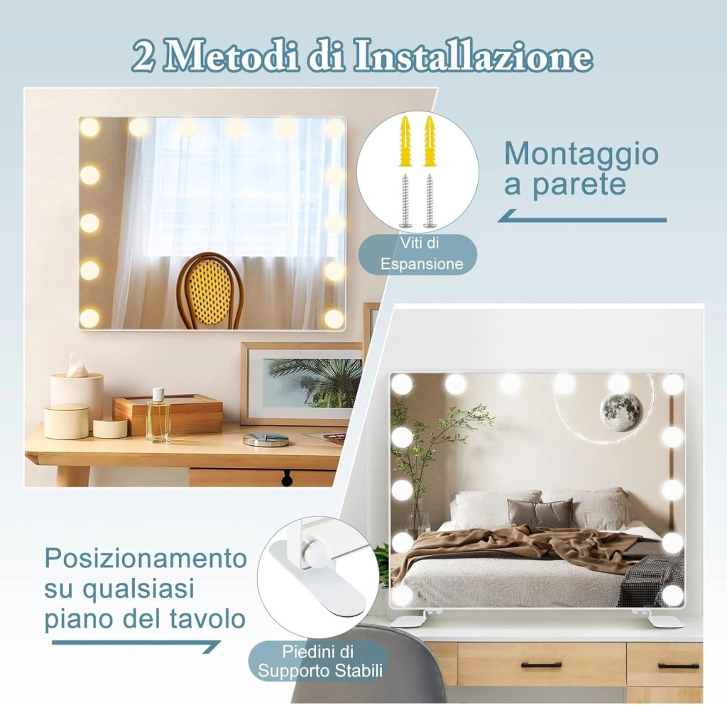 Specchio LED da Tavolo o da Parete, Specchio Rettangolare con 3 Colori, Controllo Touch Intelligente, Specchio da Trucco per Bagno Spogliatoio, 50x40 cm