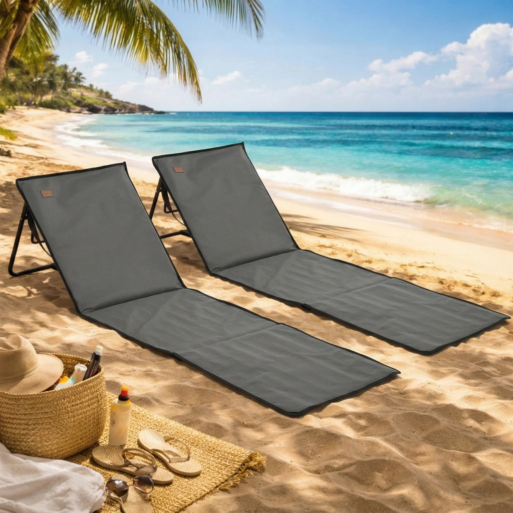 Set 2 Sdraio da Spiaggia Pieghevoli e Regolabili con Tasca, in Acciaio e Poliestere, 142x51x40 cm, Grigio