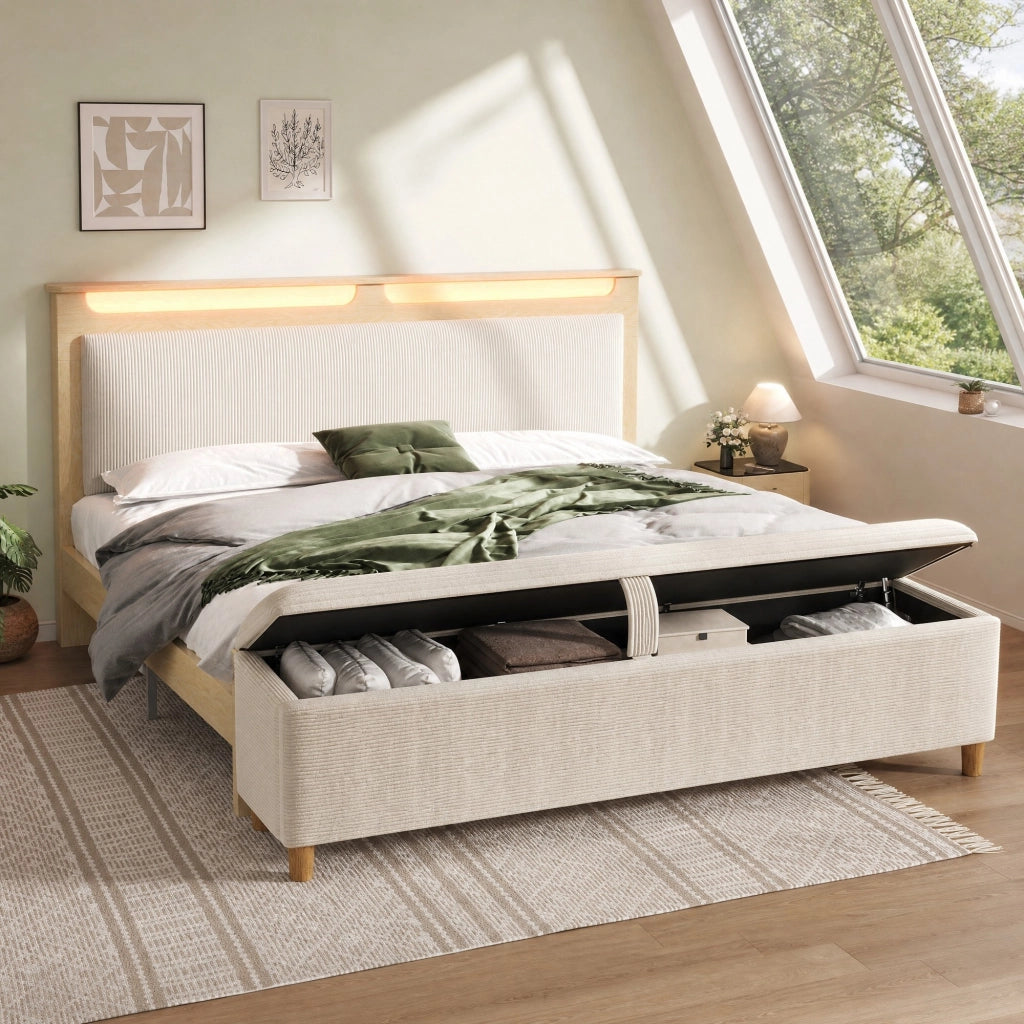 LETTO Matrimoniale 140x200 cm con panca contenitore LED Legno e Cord Beige