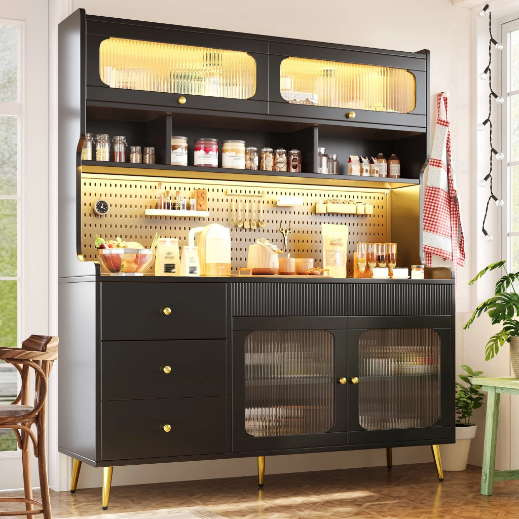 Credenza e madia alta con LED controllati tramite app e telecomando 1 cassetto in MDF e vetro nero 145 × 39 × 171 cm