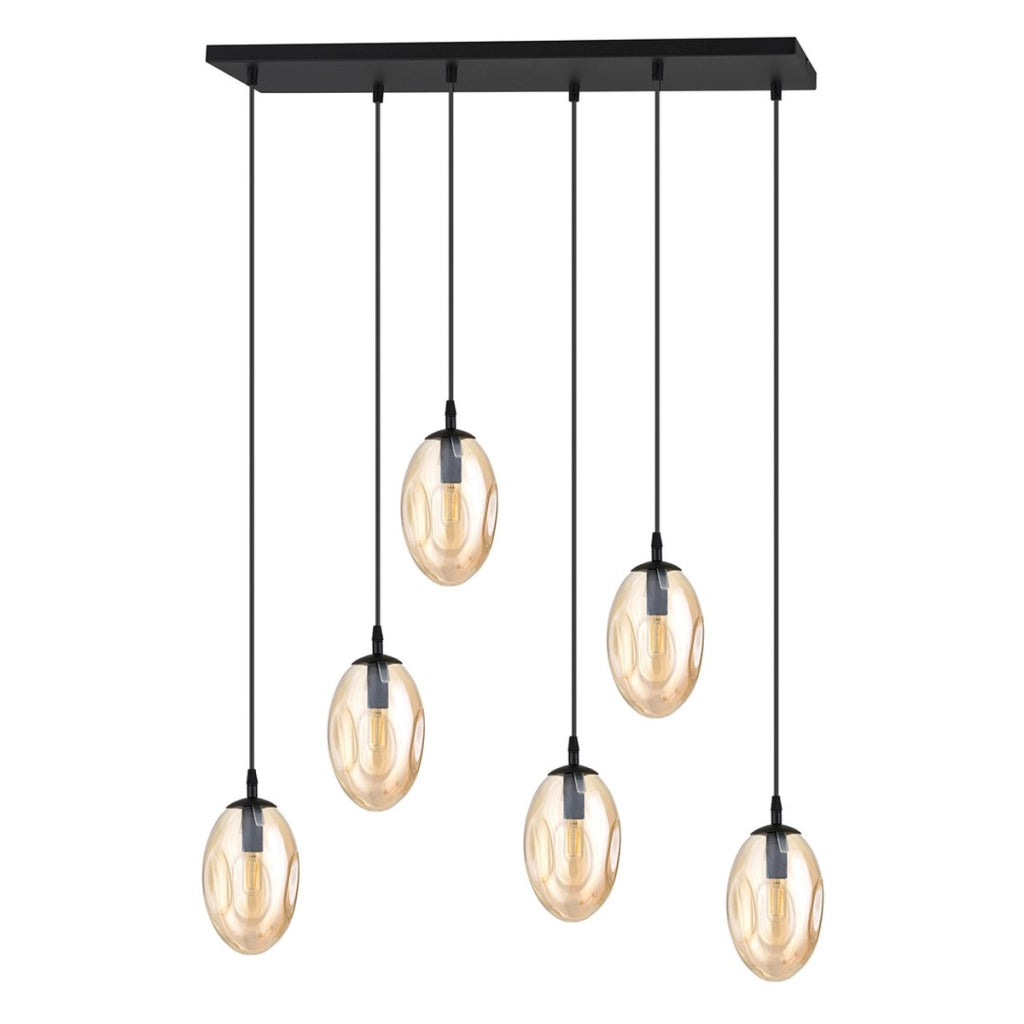 Lampada a sospensione Astral in acciaio nero e vetro ambra
