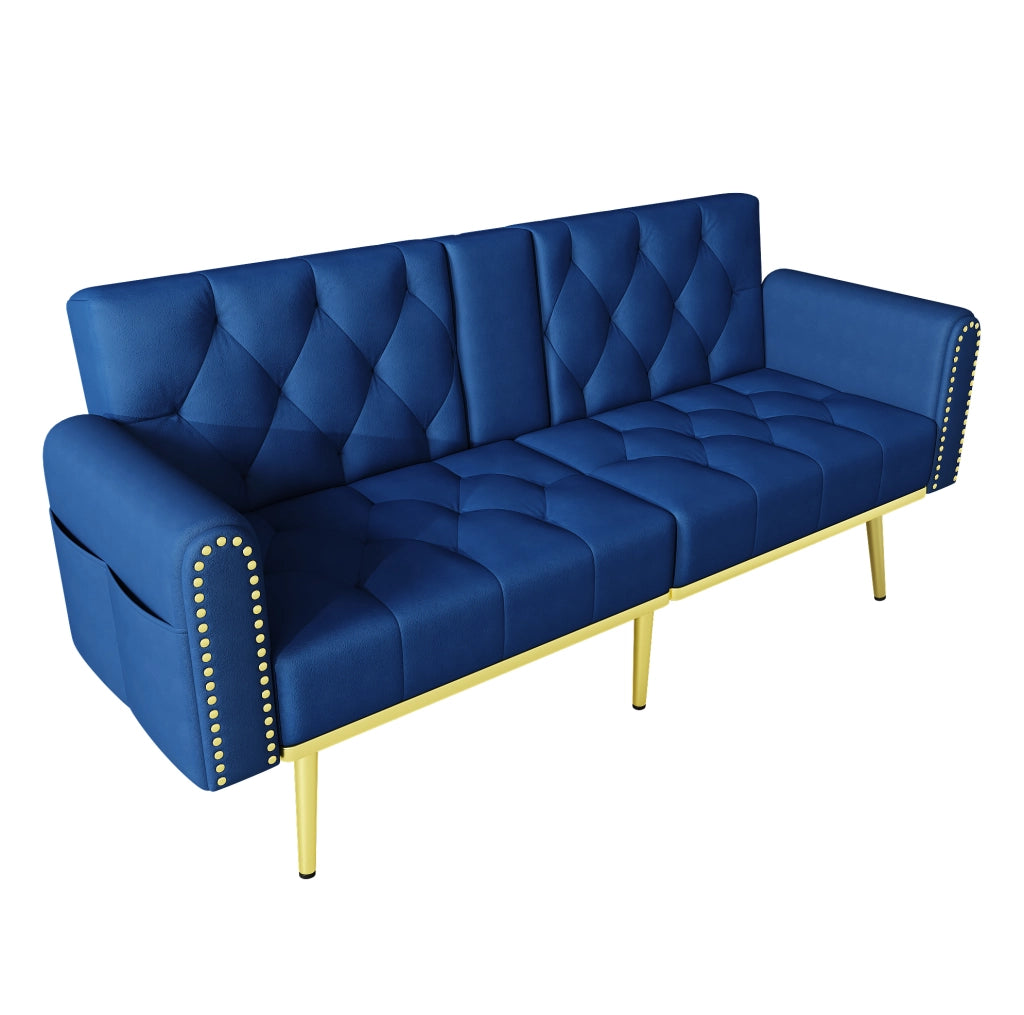 Divano letto 175x80x73，5 cm in velluto blu con portabicchieri