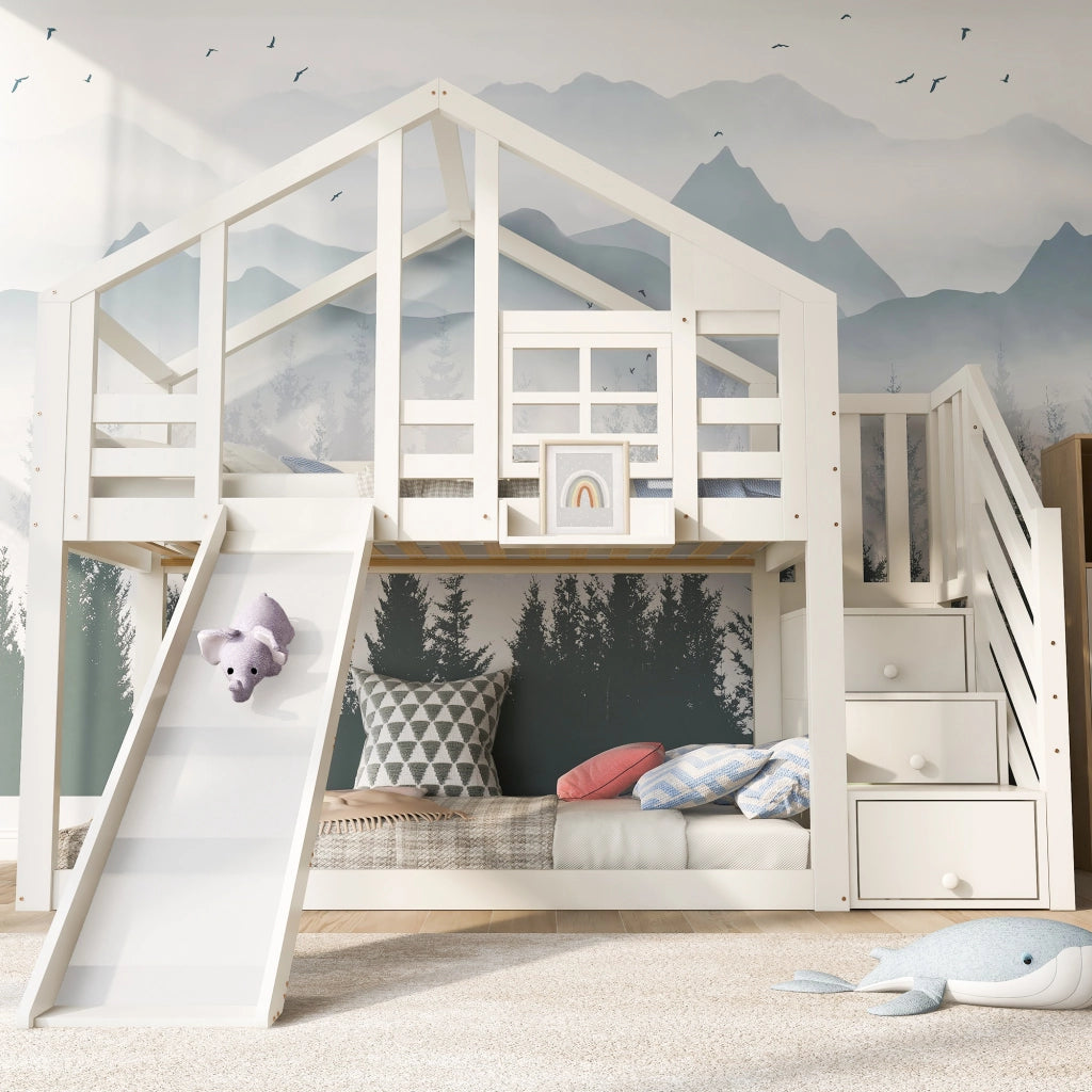 Letto a castello per bambini 90x200 cm in legno massello e MDF, bianco, con scivolo e contenitore
