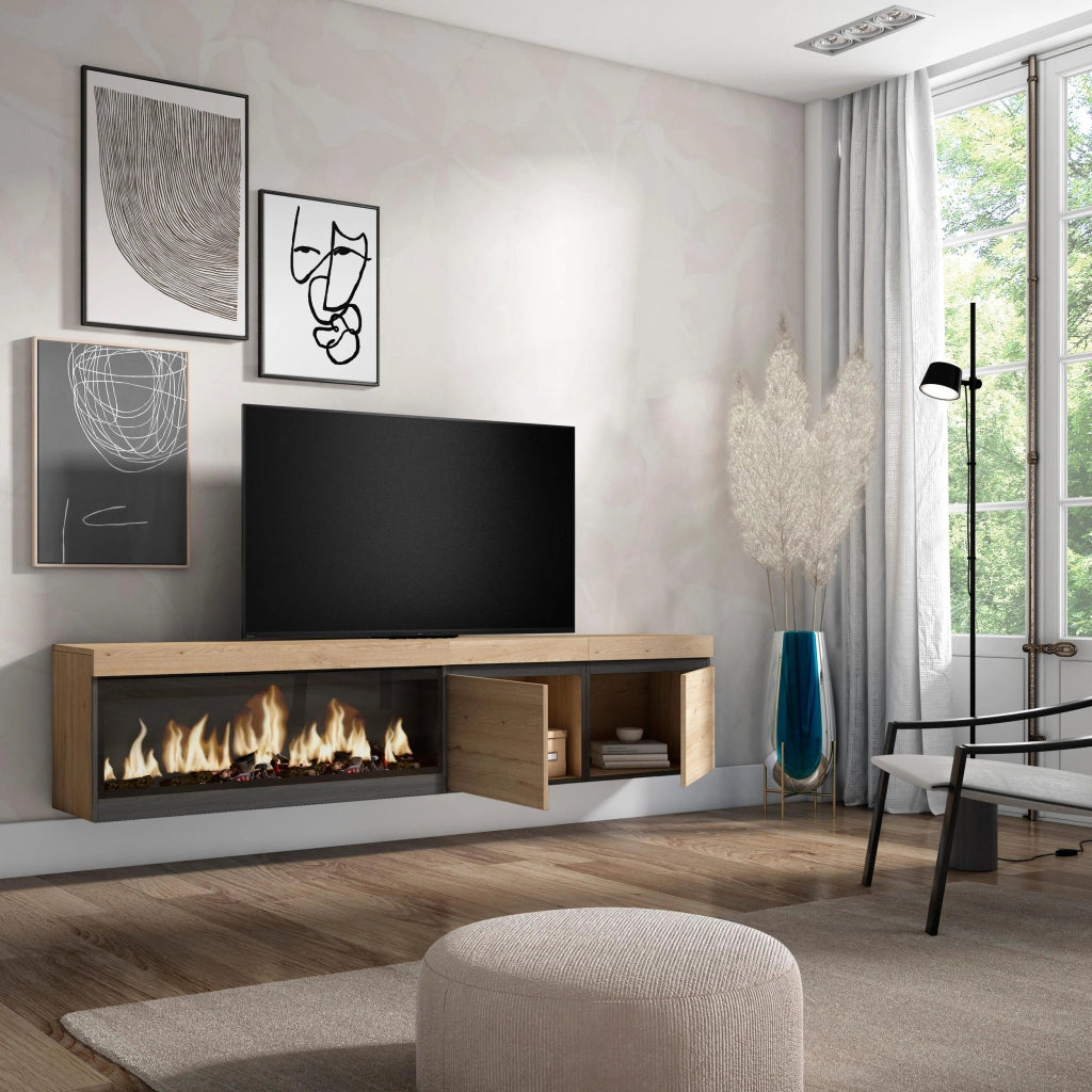 Mobile TV Soggiorno, 208x35x45cm, Per TV fino a 80", Camino elettrico XXL, da appendere, colore Rovere RF3279