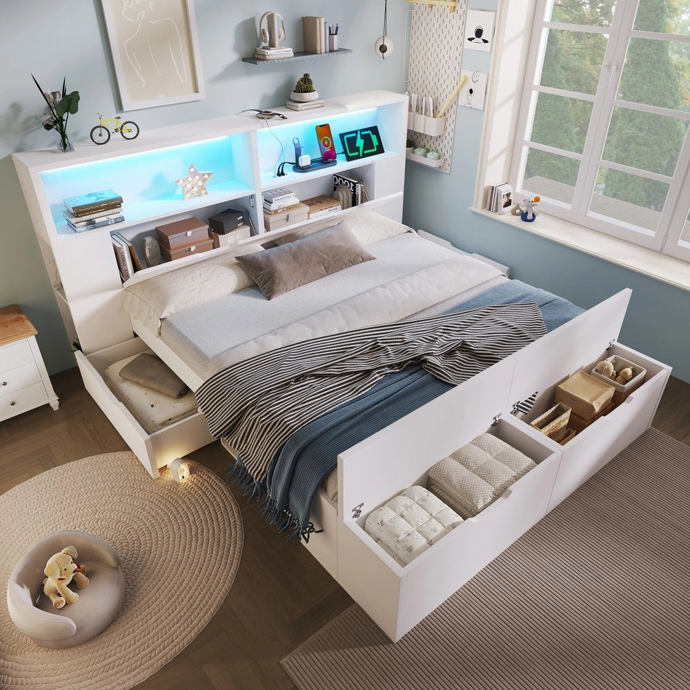Letto Contenitore 140x200 in Legno con LED, Cassetti e Rete a Doghe ¨C MINIMAL ¨C Bianco