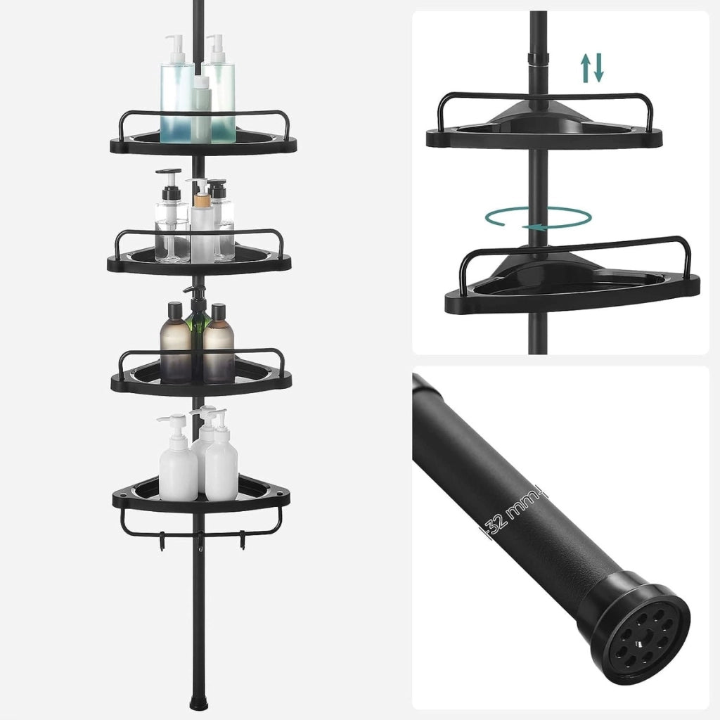Scaffale da bagno telescopico angolare nero con 4 ripiani