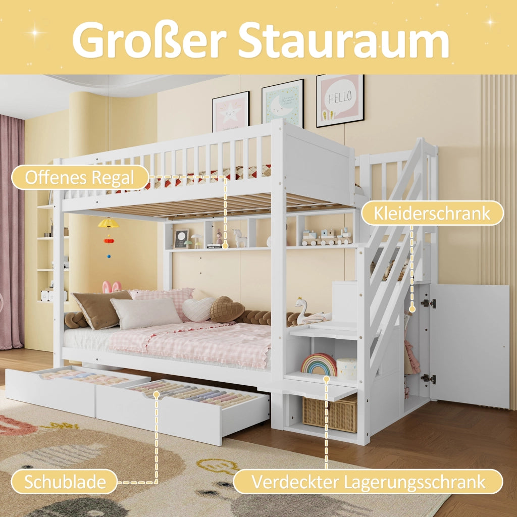 Letto a Castello 90x200 cm - con Cassetti; Armadio; Scaffali e Scaletta