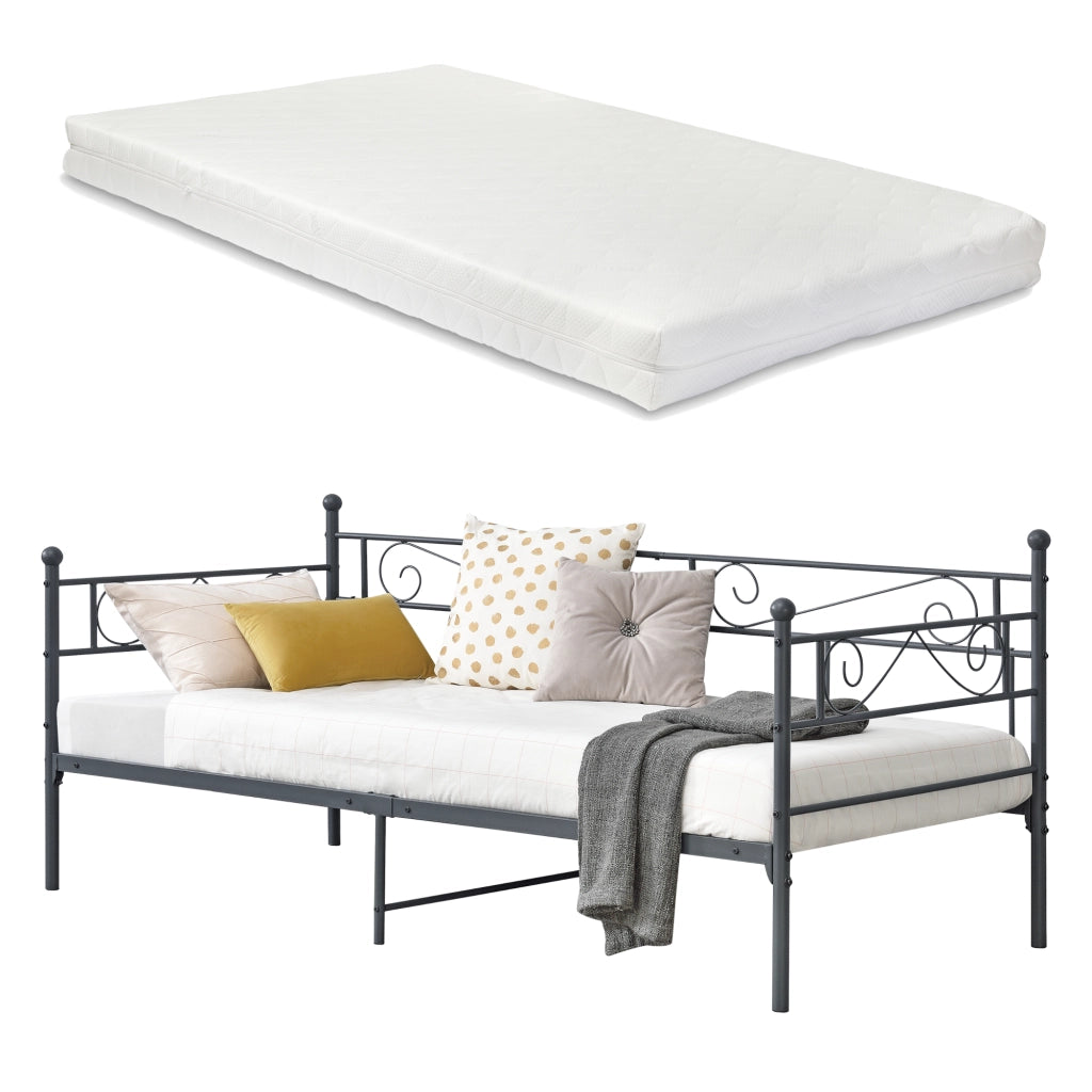 Divano Kerava in Acciaio Letto Singolo con Materasso a Schiuma Fredda 90 x 200 cm - Grigio Scuro [en.casa]