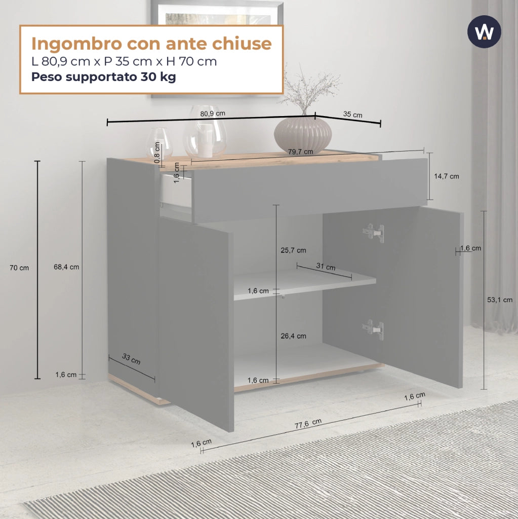 WHOUS Credenza Garda 2 ante e 1 cassetto antracite opaco e rovere 80,9x35x70 cm