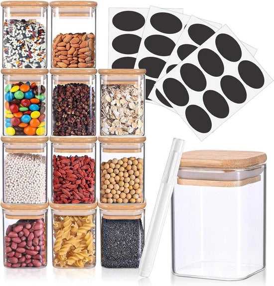Set di contenitori in vetro 12 pezzi con coperchio quadrato in bambù per contenitori di scorta - contenitori per erbe - 175 ml - etichette adesive - pennarelli in gesso