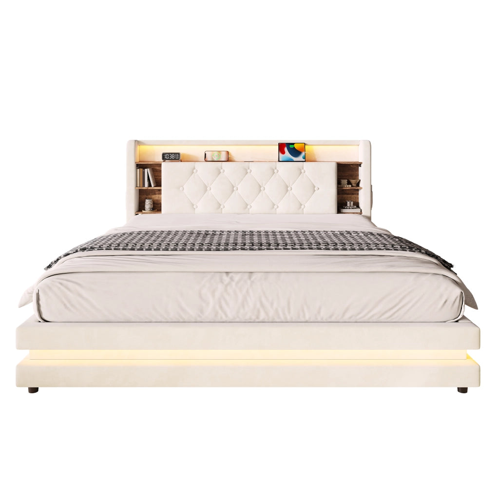 Letto Contenitore 160x200 cm; Letto Matrimoniale con LED; USB e Type-C; in Velluto Beige