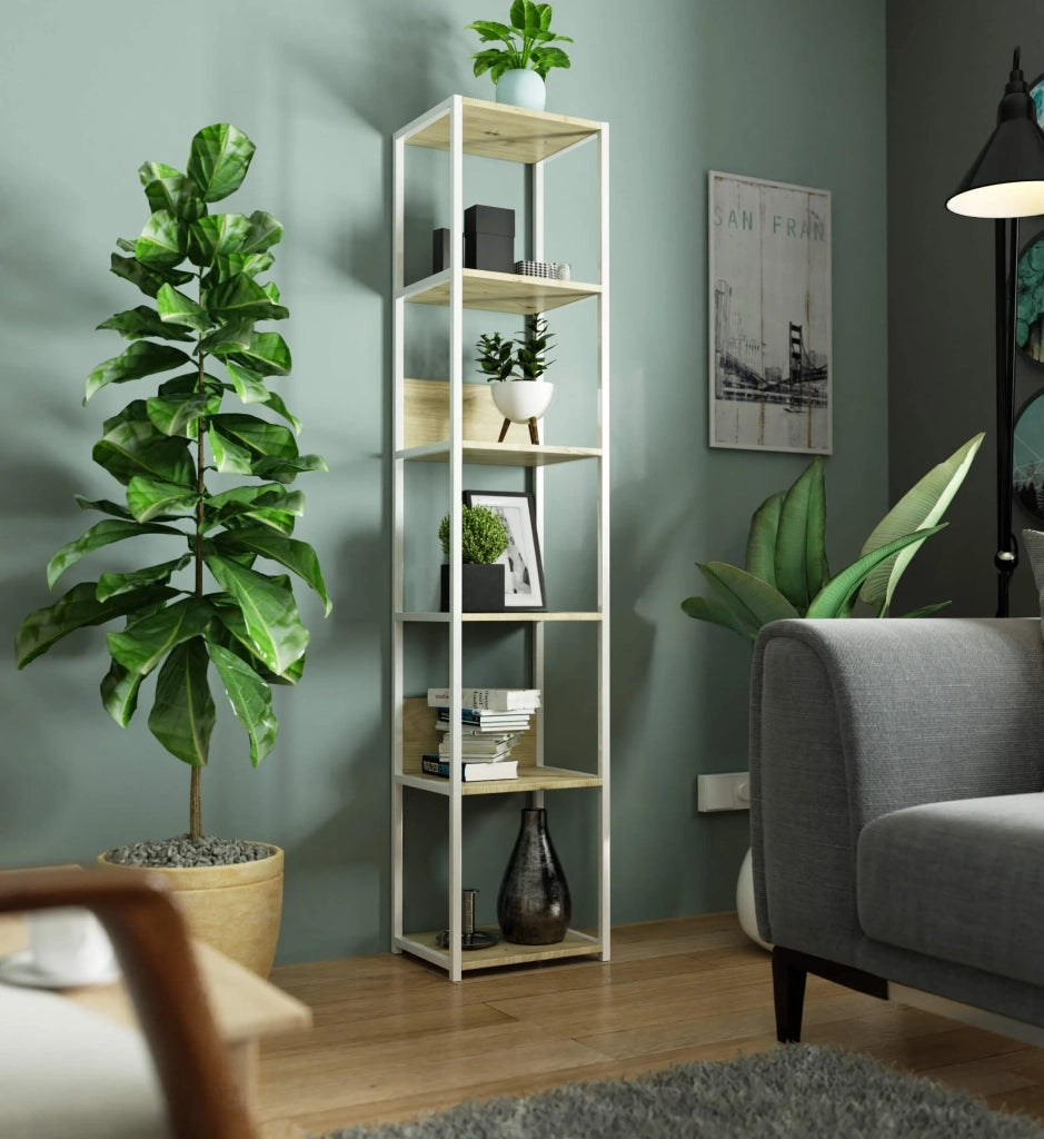 Scaffale stilo loft con ripiani in legno 40 cm Bianca 40 cm inserto frontale Quercia Artisan 40x32x192 cm