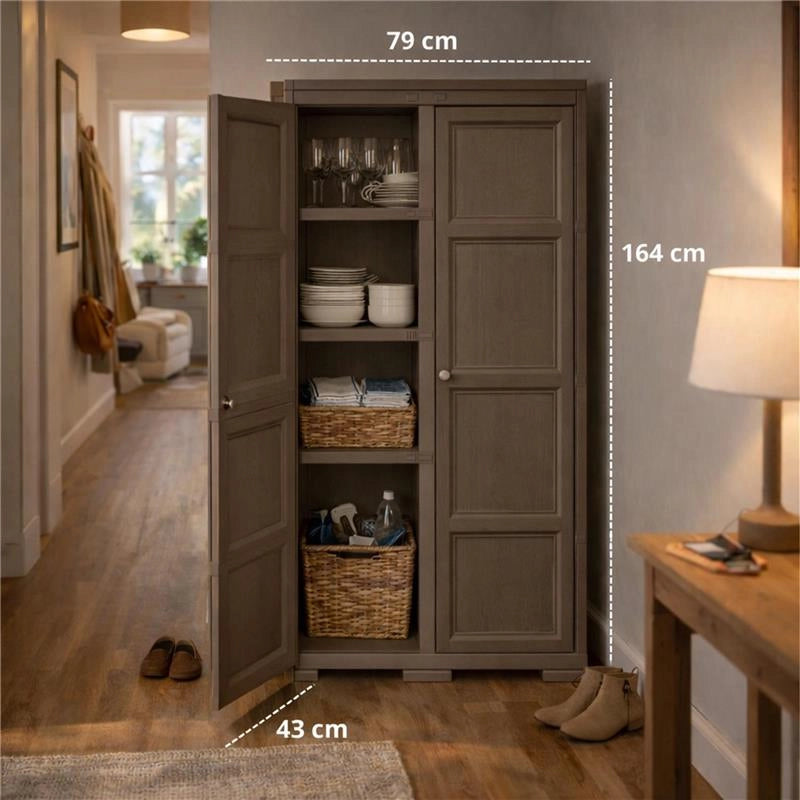 ARMADIO 2 ANTE WENGÉ 79X43X164 CM CON 4 SCOMPARTI E VANO PORTASCOPA – MOBILE ALTO ORGANIZZAZIONE CASA PER INGRESSO E LAVANDERIA