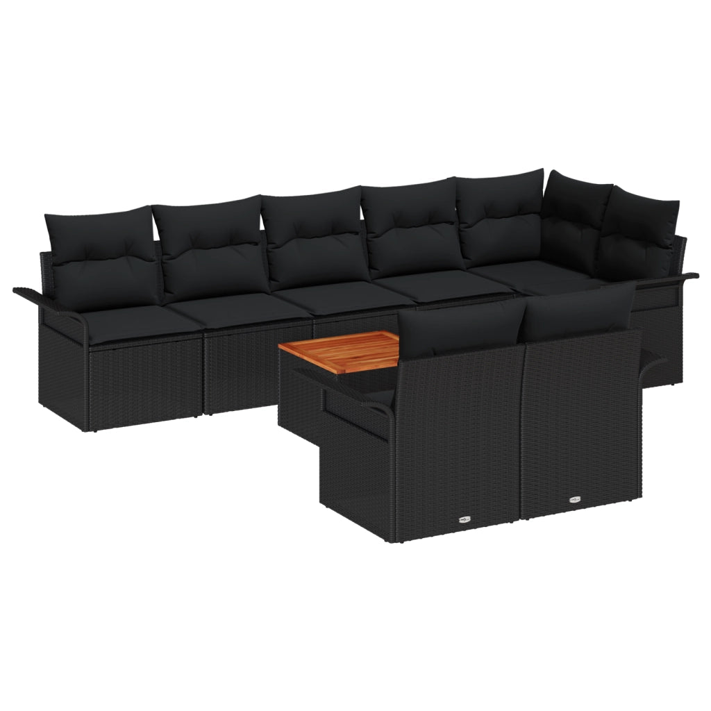 Set di divani da giardino da 9 pezzi con cuscini in polirattan nero e acacia