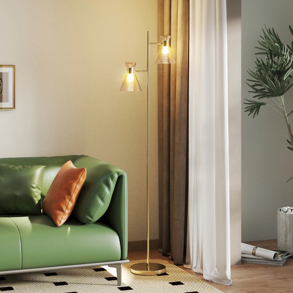 Lampada da Terra Moderna con 2 Luci Orientabili Interruttore a Pedale Oro