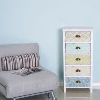Cassettiera Mobiletto Vintage con 5 Cassetti Stile Shabby Bagno, Ingresso, Camera 46 × 34 × 97.5cm Bianco