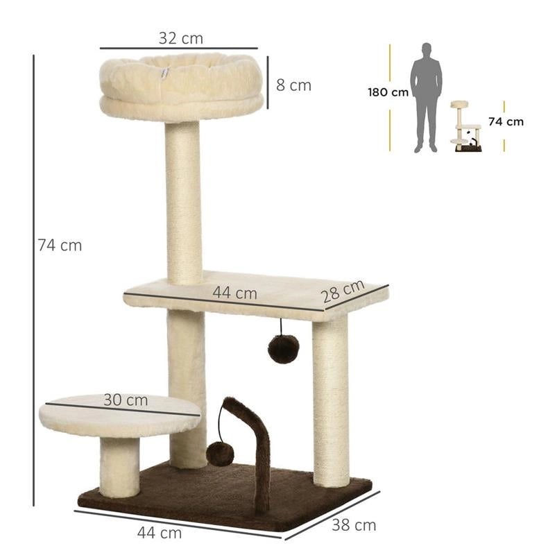 ALBERO TIRAGRAFFI PER GATTI CON PALO IN SISAL, POSATOIO E PALLINE DA GIOCO, IN TRUCIOLATO E PELUCHE, 44X38X74 CM
