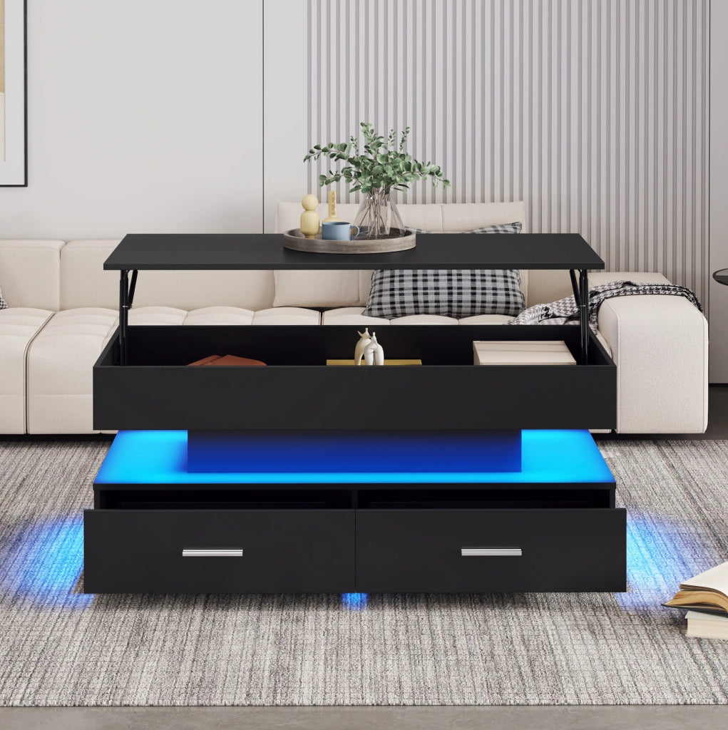 Tavolino da salotto sollevabile 100x50x44 cm in truciolare nero con LED e 2 cassetti