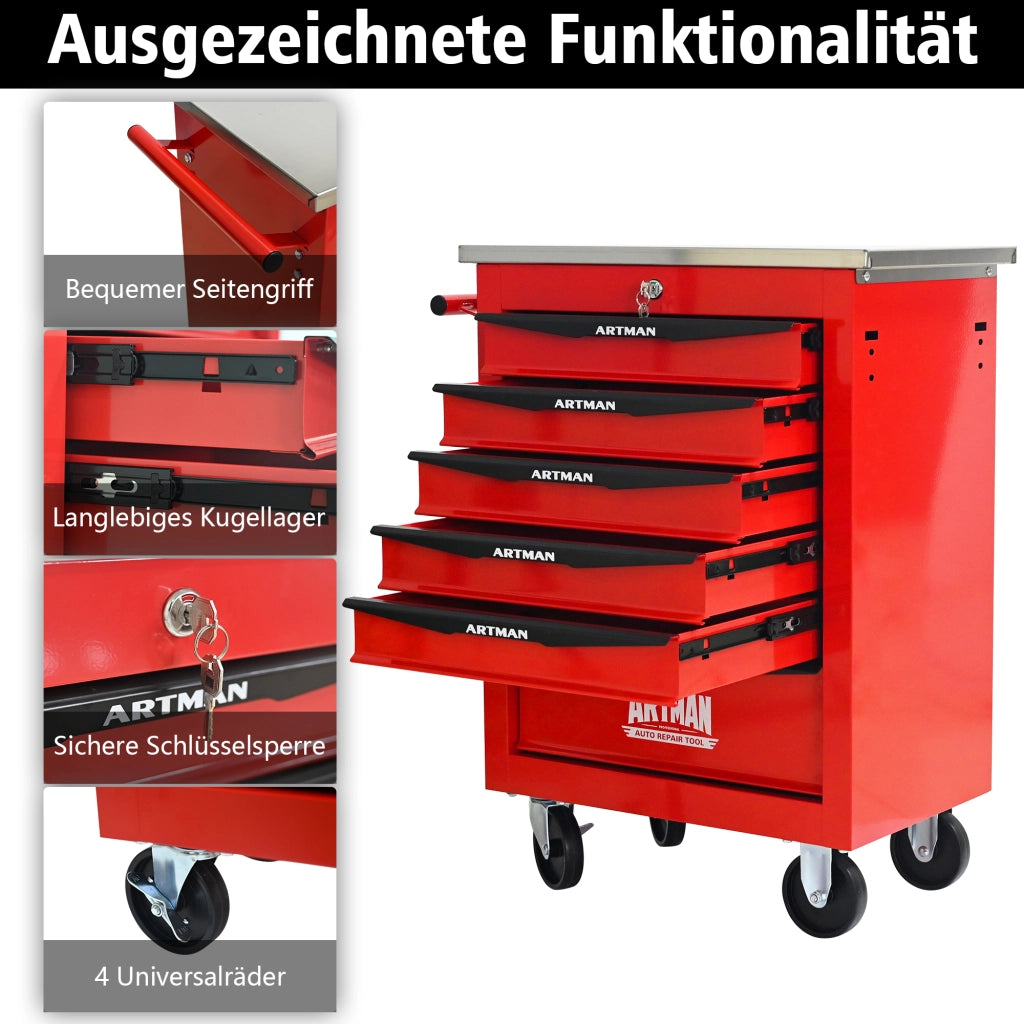 Carrello portautensili con 6 cassetti e ruote, chiudibile, in acciaio, per garage e officina, rosso nero, 62,5 × 34,5 × 78 cm