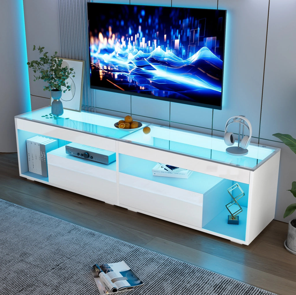 Mobile TV LED lucido bianco 180x40x46 cm con 2 cassetti