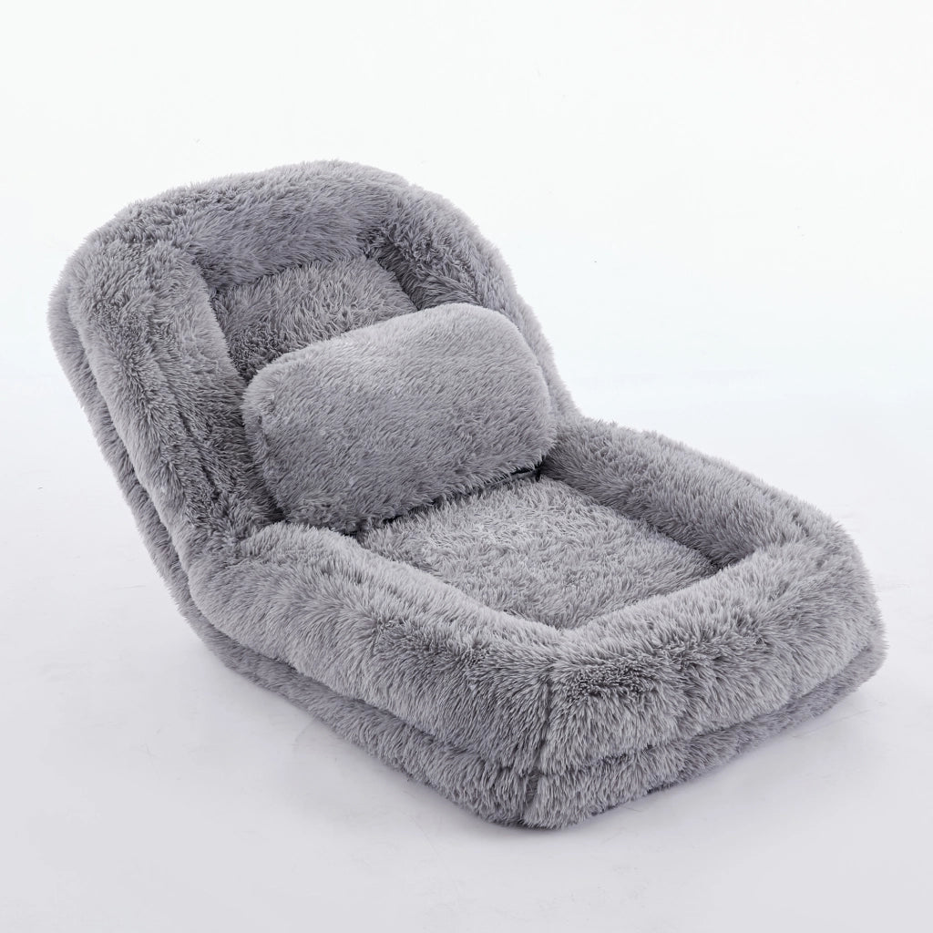 Divano convertibile da pavimento con schienale regolabile a 5 posizioni e cuscino in tessuto peluche grigio chiaro