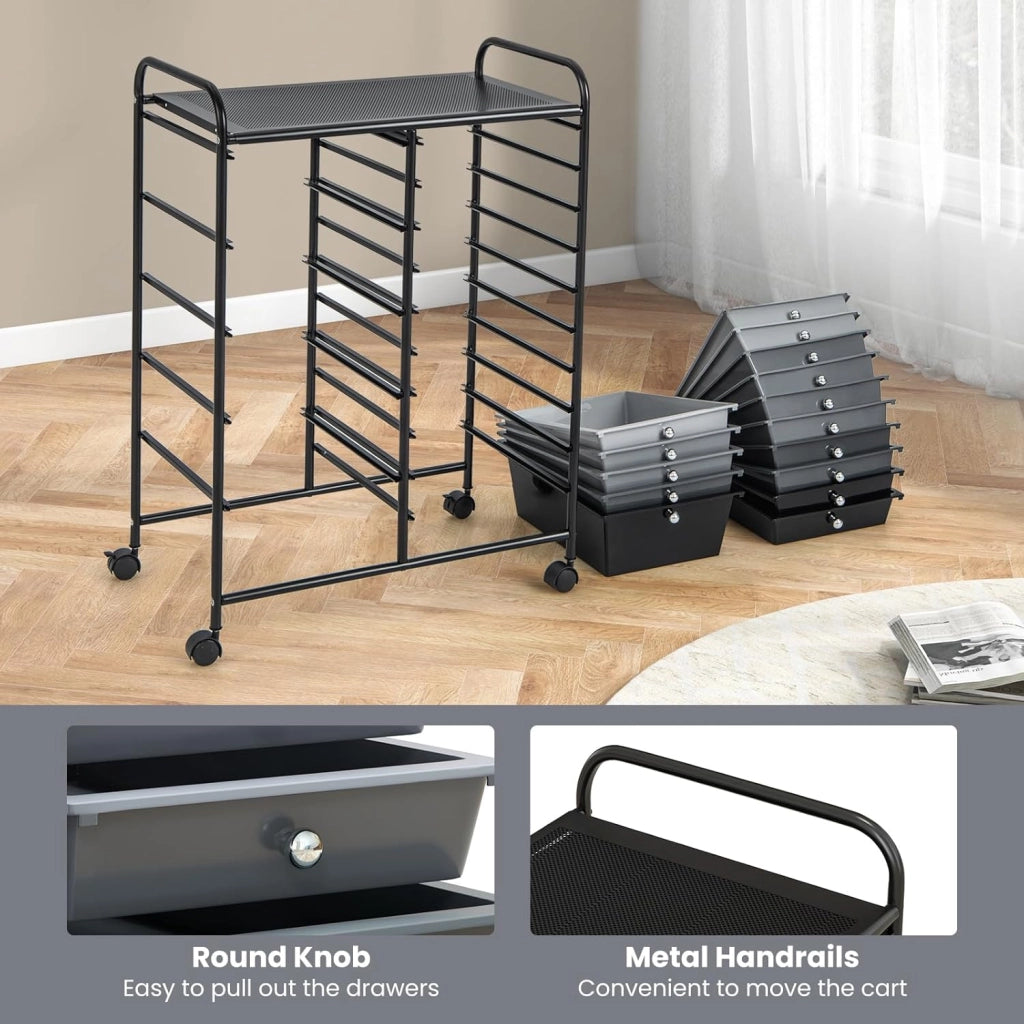 Carrelli Porta Oggetti, con 10+5 Cassetti Impilabili, 2 Ruote Bloccabili, Braccioli Metallici, Portabile e Pratico, per Ufficio, Studio, Cucina,Bagno, 5 Colori Disponibili, 62,5x37x87 cm