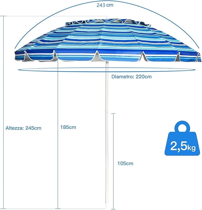 Ombrellone da Spiaggia 2,43 m, Ombrellone Portatile da Esterno con Borsa di Trasporto, con Protezione Solare, Ideale per Spiaggia, Balcone, Giardino(Blu navy)