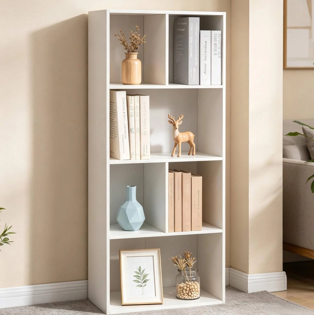 Libreria Moderna in MDF Bianco 50x30x118 cm con 6 Scomparti e Sistema Anti-Ribaltamento