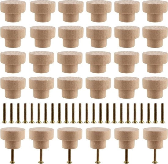 Pomelli in legno per mobili - 30 pezzi - 35 x 25 mm - Maniglia rotonda - Pomo di cassetto - Con viti - Pomi di commoda - Per armadi e cassetti - Per mobili armadio, cassettiera e cameretta dei bambini