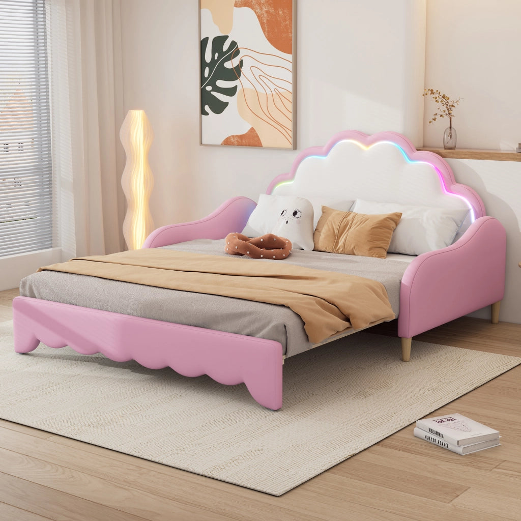 OKWISH Letto Combinato 140×198 cm, Letto Matrimoniale convertibile con LED Multicolore e Testiera, senza Materasso, in PU, Rosa