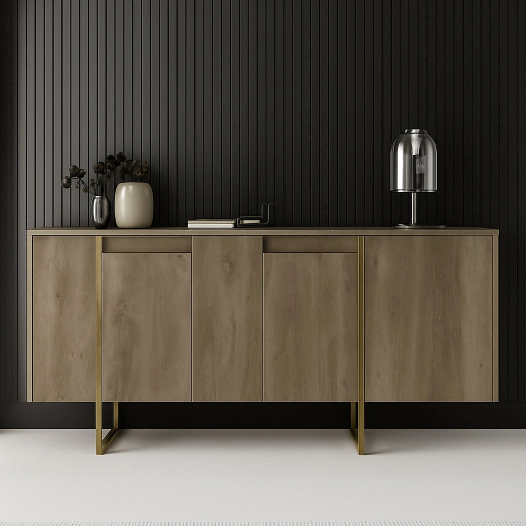 Credenza Arta, Buffet da soggiorno, Madia da salotto, Dispensa da cucina, 160x35h80 cm, Noce e Oro