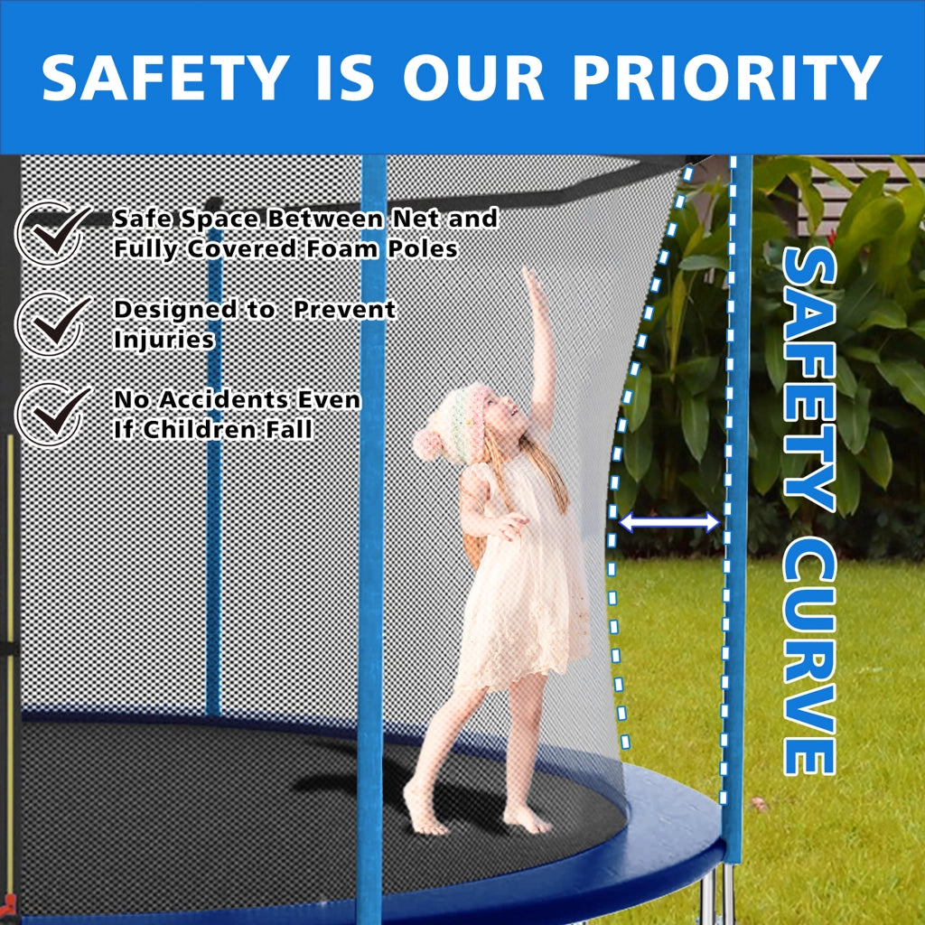 Trampolino elastico da esterno blu con rete di sicurezza e scala, struttura in acciaio, portata 181 kg
