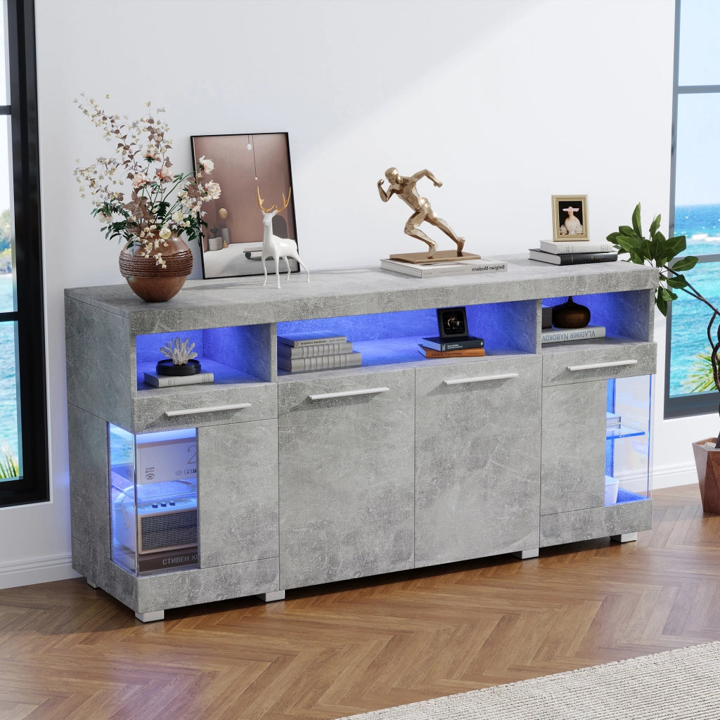 Credenza e madia con LED e ante in vetro temperato, 3 vani contenitore, per soggiorno, in MDF, grigio cemento 140 × 40 × 70 cm