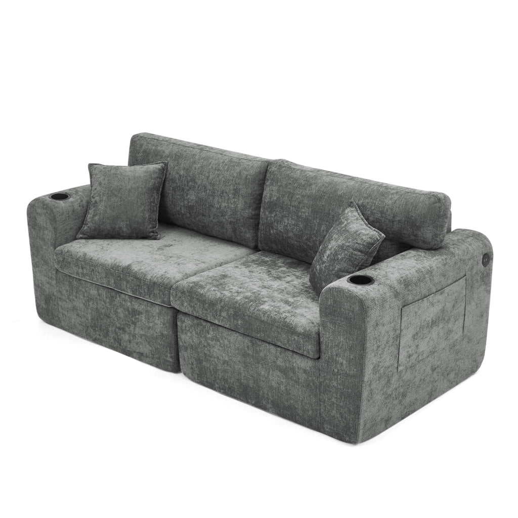 Divano relax 2 posti con tasca laterale; portabicchieri; USB e cuscini in chenille grigio