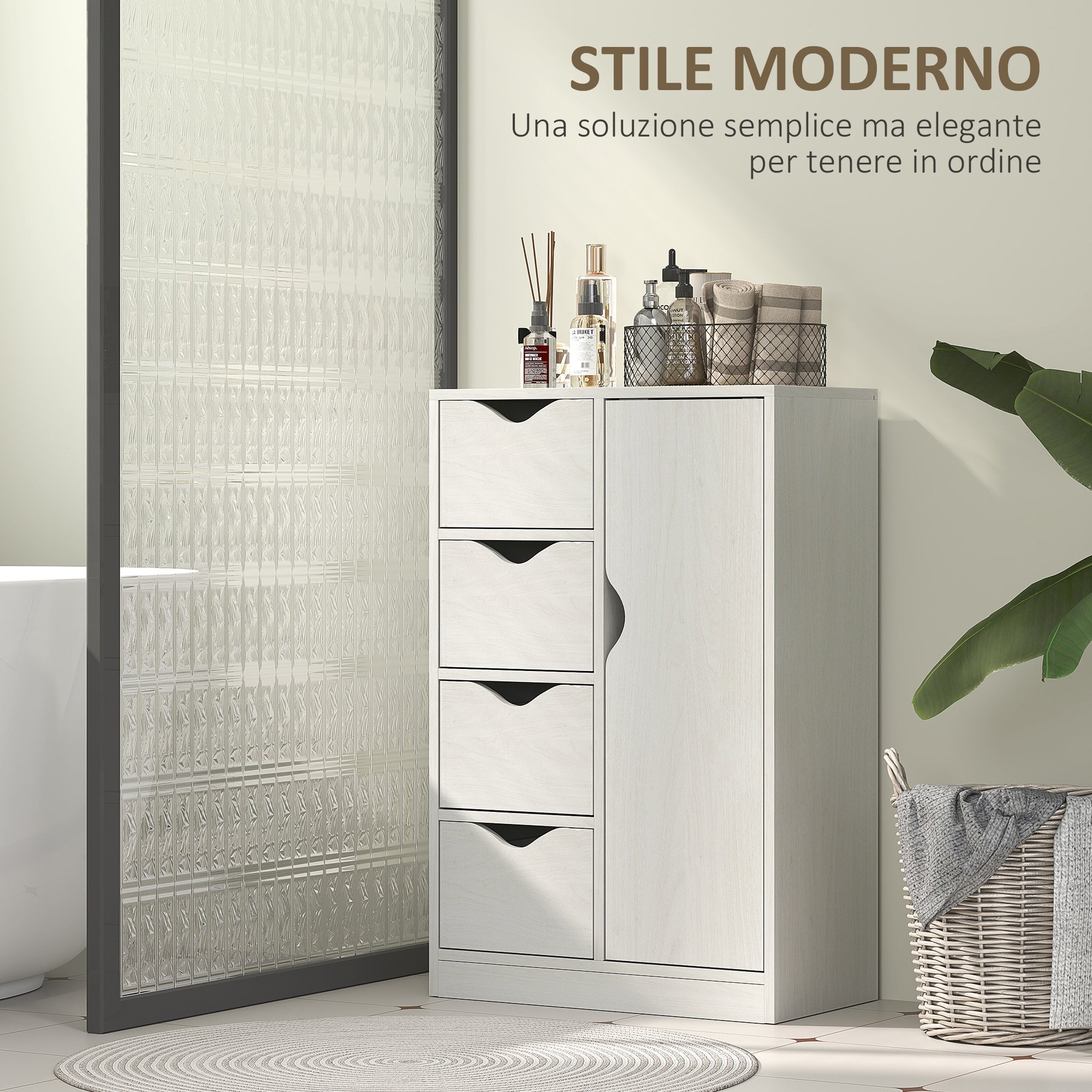Mobile Bagno con 4 Cassetti e Armadietto 54x29x83 cm Maniglie Ritagliate in Legno Bianco