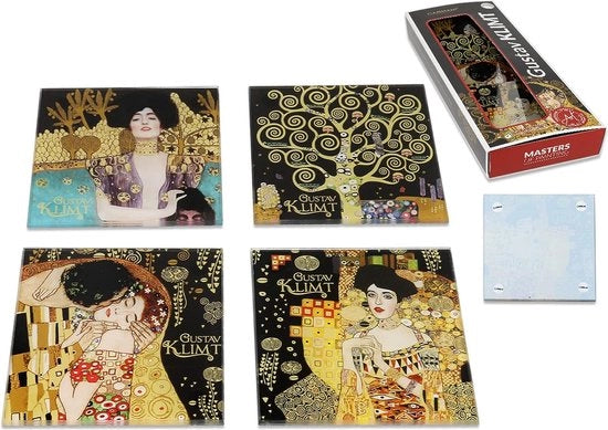 Sottopiani in vetro, tappeti in vetro, tappeti per bicchieri, resistente al calore, set da 4, stampato con Gustav Klimt, Il Bacio, Adele Bloch Bauer, Giuditta, L'albero della vita
