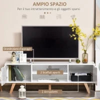 Mobile TV max 65" in Truciolato e MDF Bianco con 2 Credenze Laterali 2 Ripiani Centrali, 150x39x50 cm
