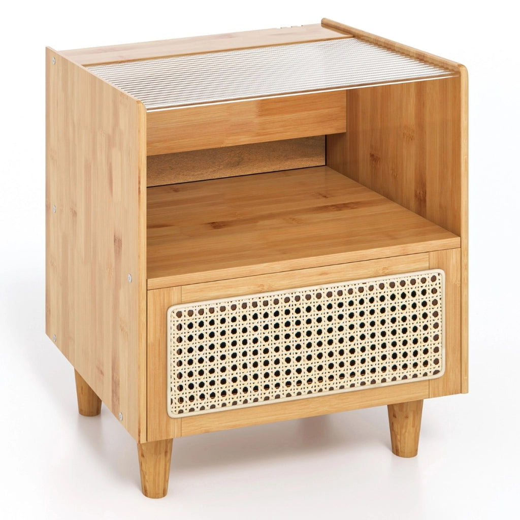 Comodino in bamb¨´ e rattan con cassetto e gambe in legno massello, Tavolino da salotto boho 43x35x50cm Naturale 1 Pezzo-Comodini