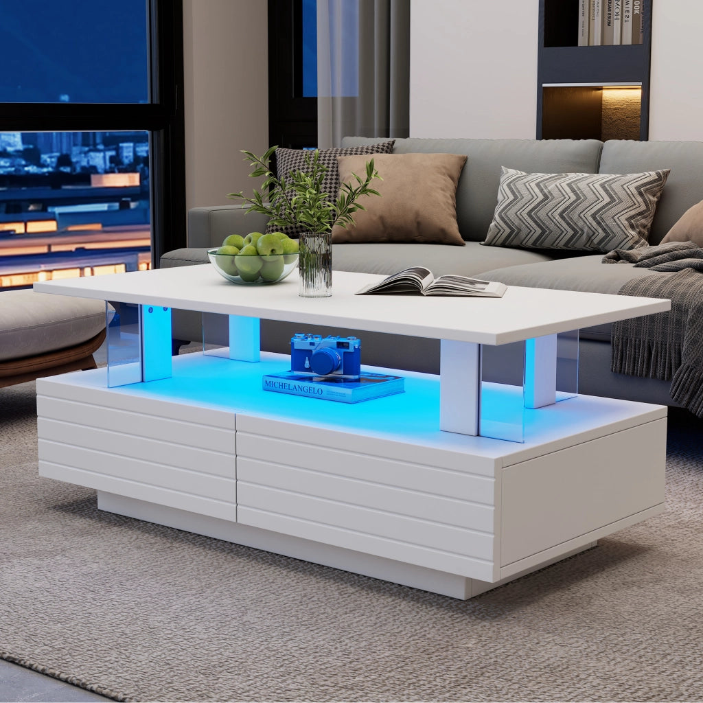 TAVOLO da caffè LED 100x50x42 cm Bianco in pannello di legno e acrilico