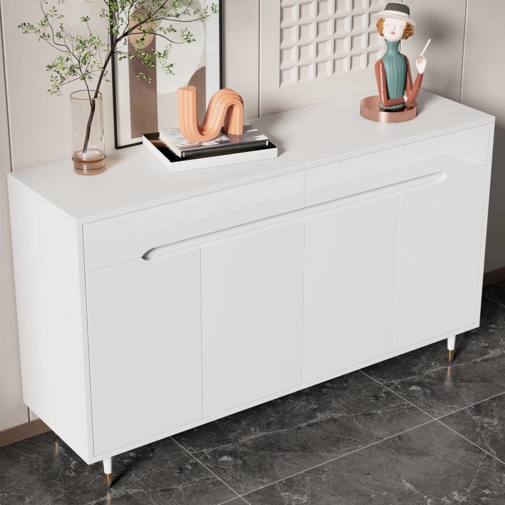 Scarpiera moderna con ante; 2 cassetti e ripiani regolabili; 140 x 39 x 84 cm; bianca e oro