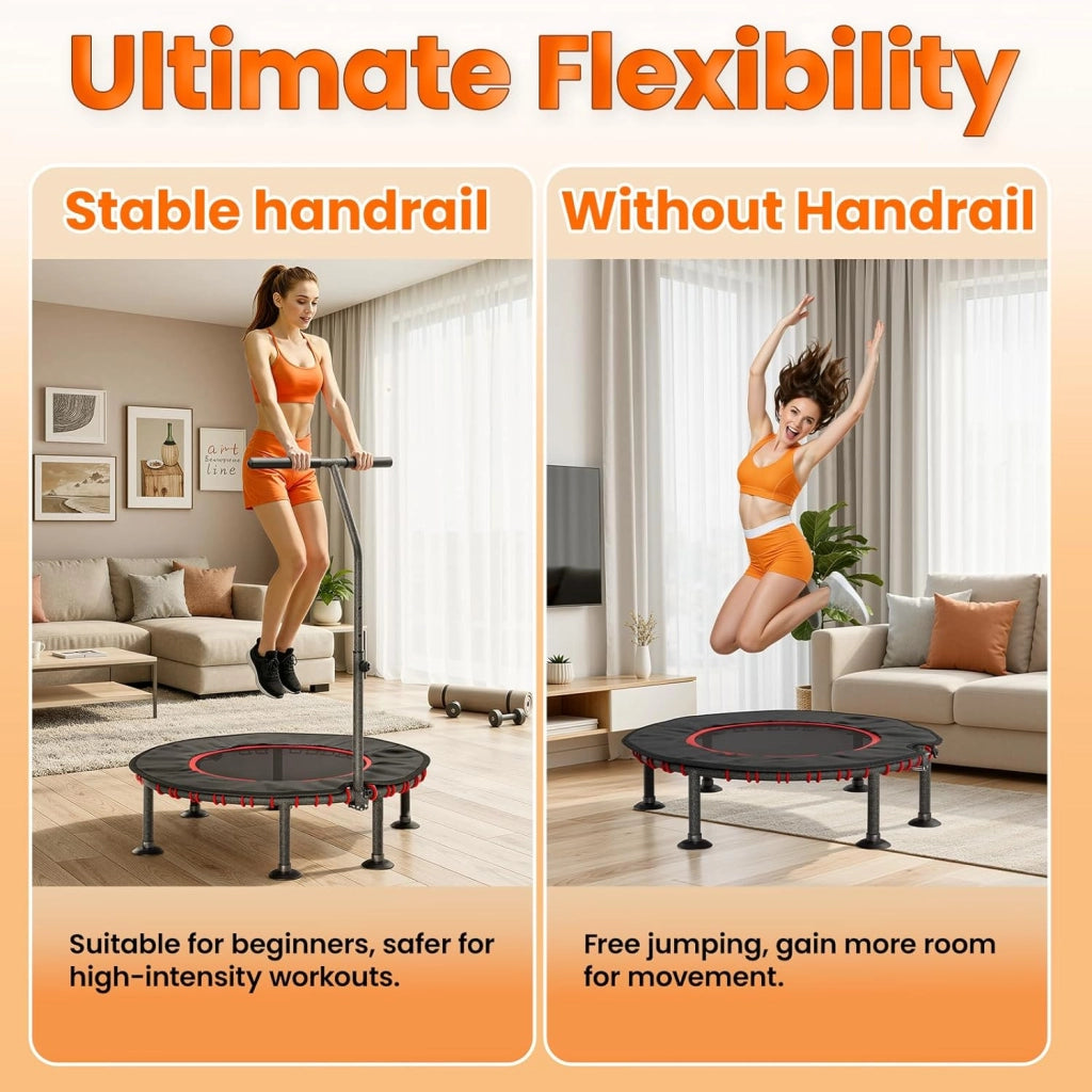 Trampolino Fitness da Interno | Copertura Protettiva Imbottita | Fino a 150 kg Capacità Carico | 3 Altezze Manubrio Regolabili | Senza Installazione | Bambini Adulti | Mini Ø102 cm | Casa